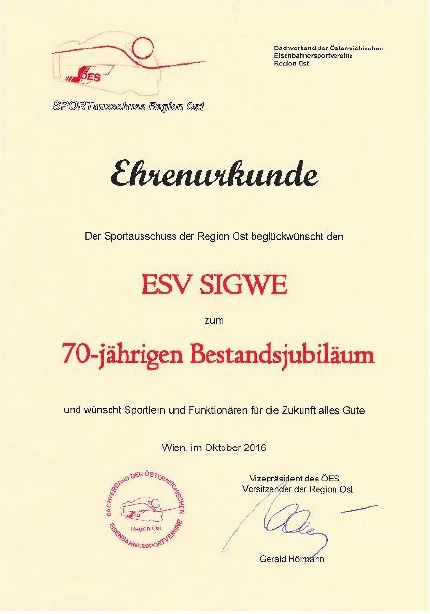 Ehrenurkunde 70 Jahre ESV SIGWE